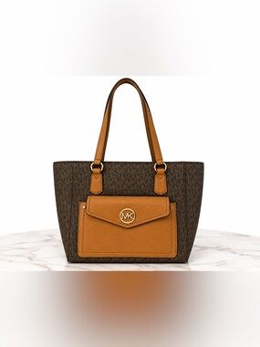 Michael Kors Joey Tote Logo Canvas Brown Monogram Tan Snap Front Pocket. New!